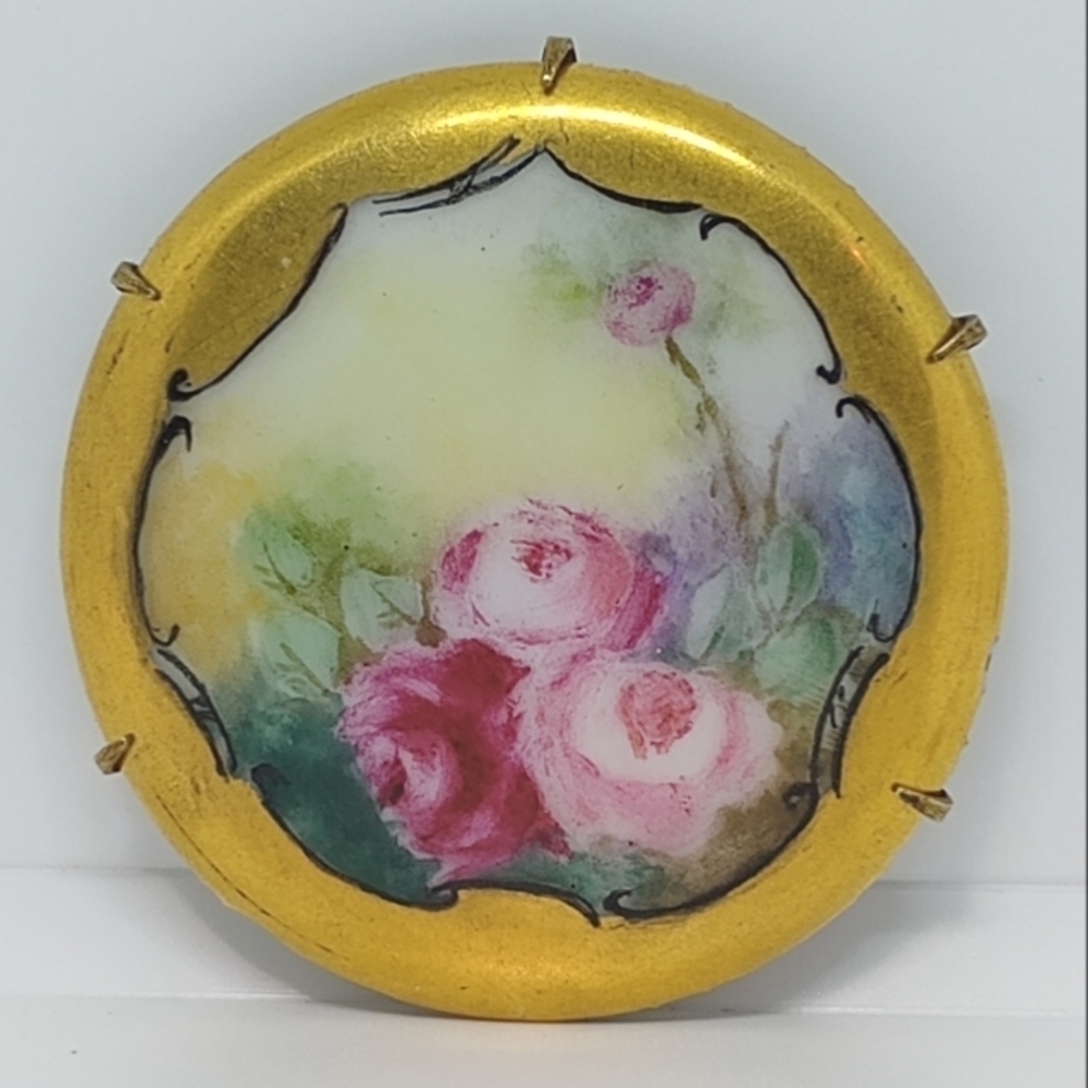 * vintage antique hand painted porcelain roses flowers pin brooch